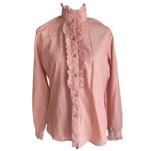 Vintage 80s Victorian Pink Ruffled Trim Modest Blouse Large Cottage High Collar
